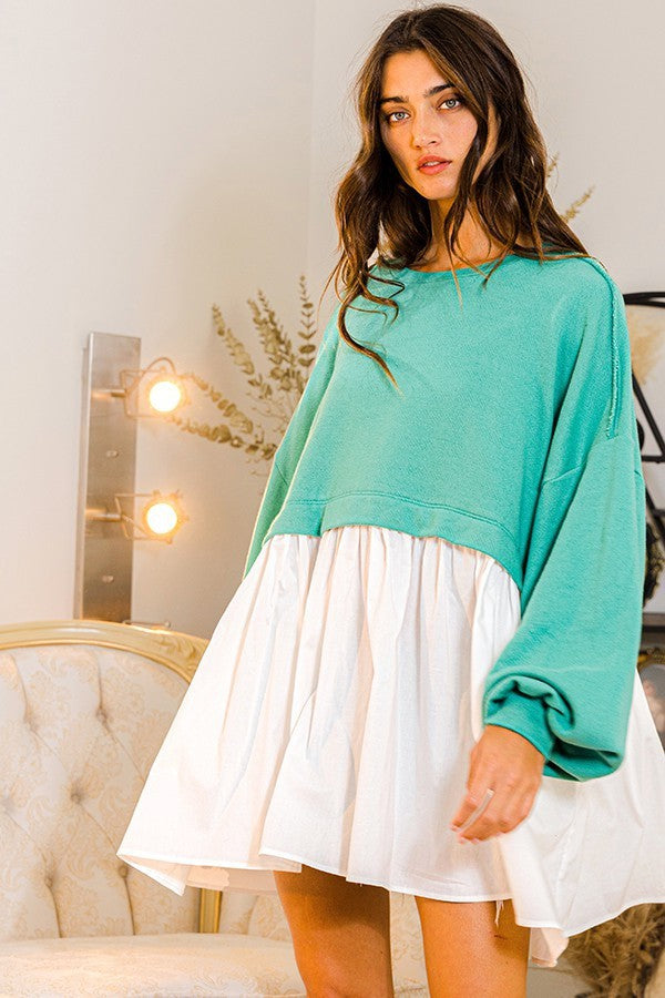 Color-block Oversize Mini Dress (White & Teal)