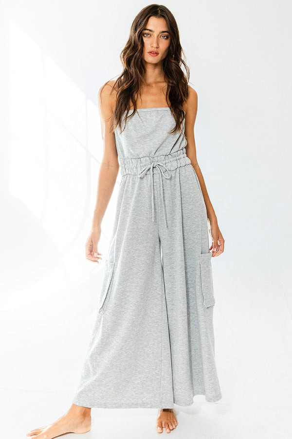 Drawstring Waist Strapless Jumpsuit - Heather Grey