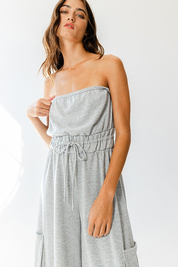 Drawstring Waist Strapless Jumpsuit - Heather Grey