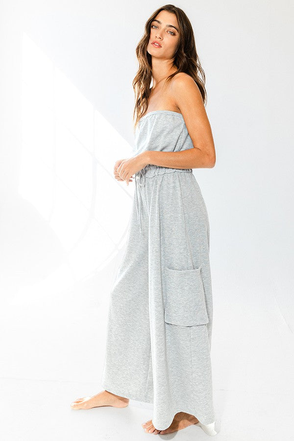 Drawstring Waist Strapless Jumpsuit - Heather Grey