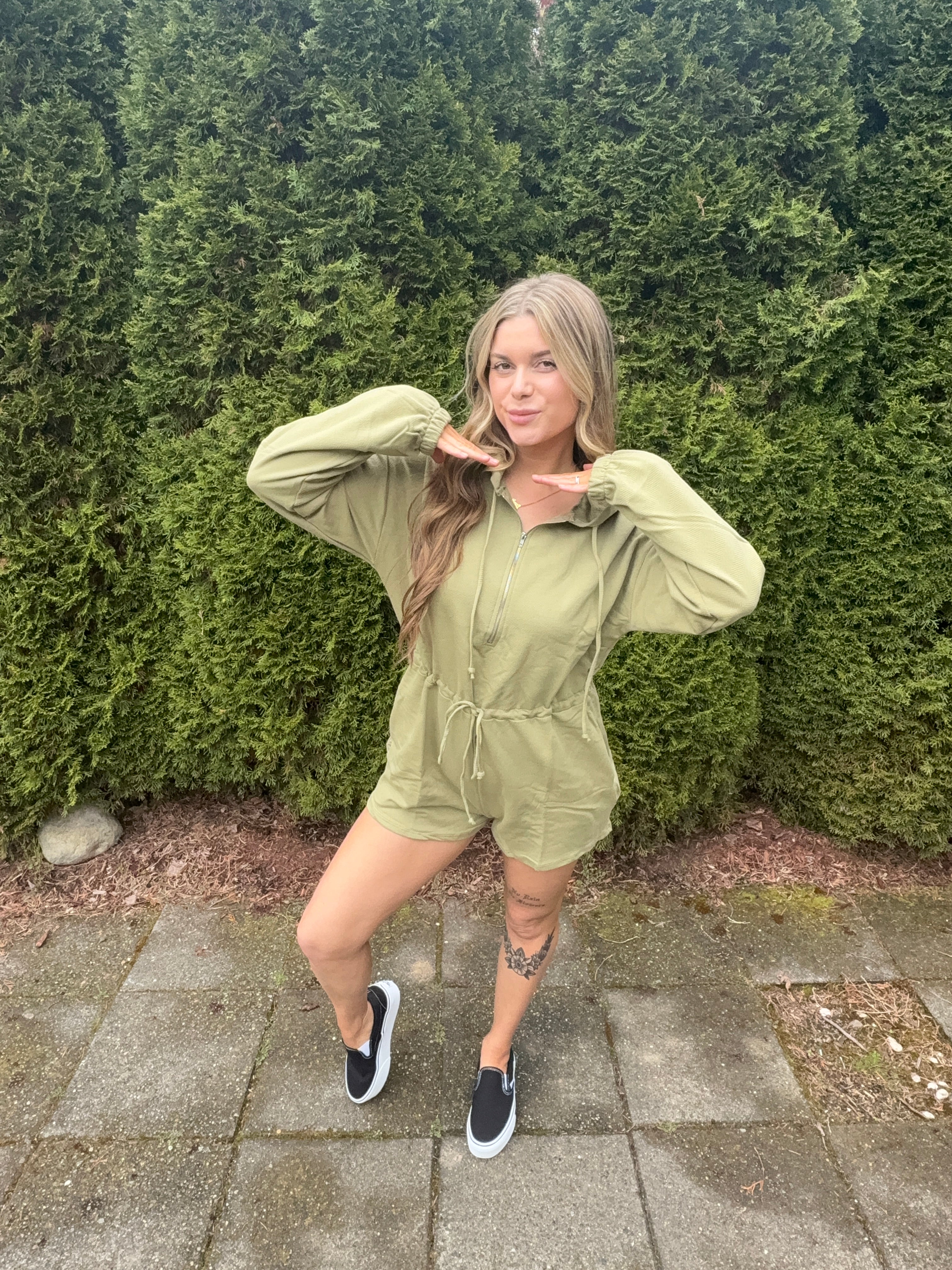 Olive green Drawstring Hooded Romper