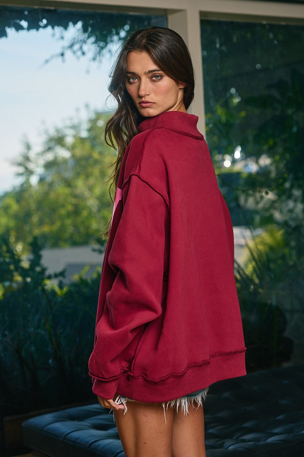 'Dilly Dally' Print Burgandy Mockneck Sweatshirt