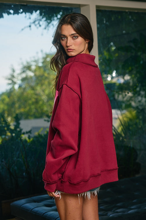 'Dilly Dally' Print Burgandy Mockneck Sweatshirt