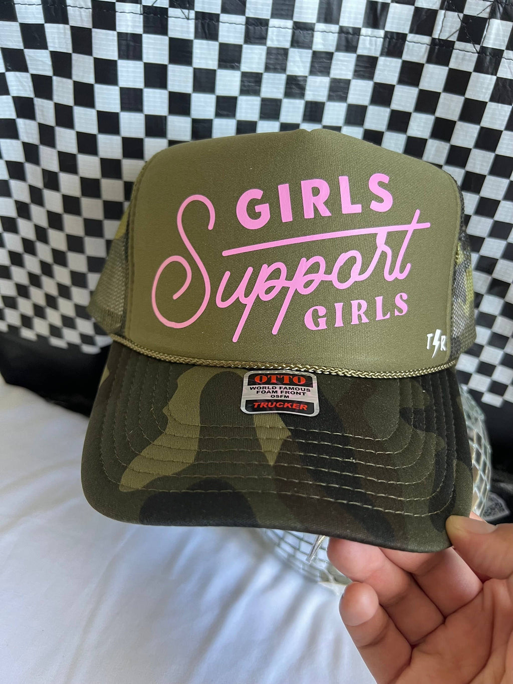 Girls Support Girls Trendy Trucker Hat For Women And Moms: Light Pink / Camo/ Green Front