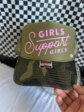 Girls Support Girls Trendy Trucker Hat For Women And Moms: Light Pink / Camo/ Green Front
