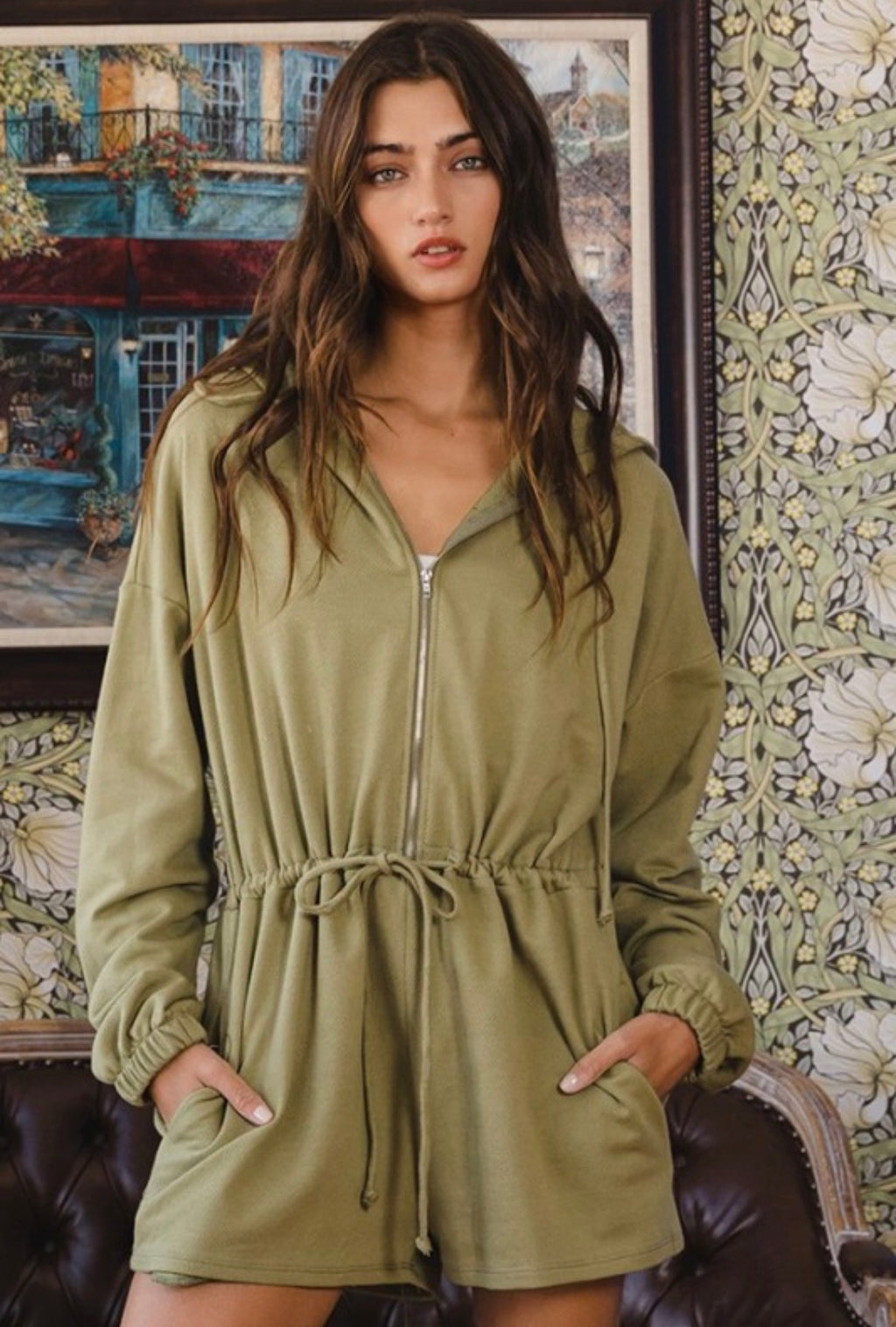 Olive green Drawstring Hooded Romper