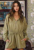 Olive green Drawstring Hooded Romper