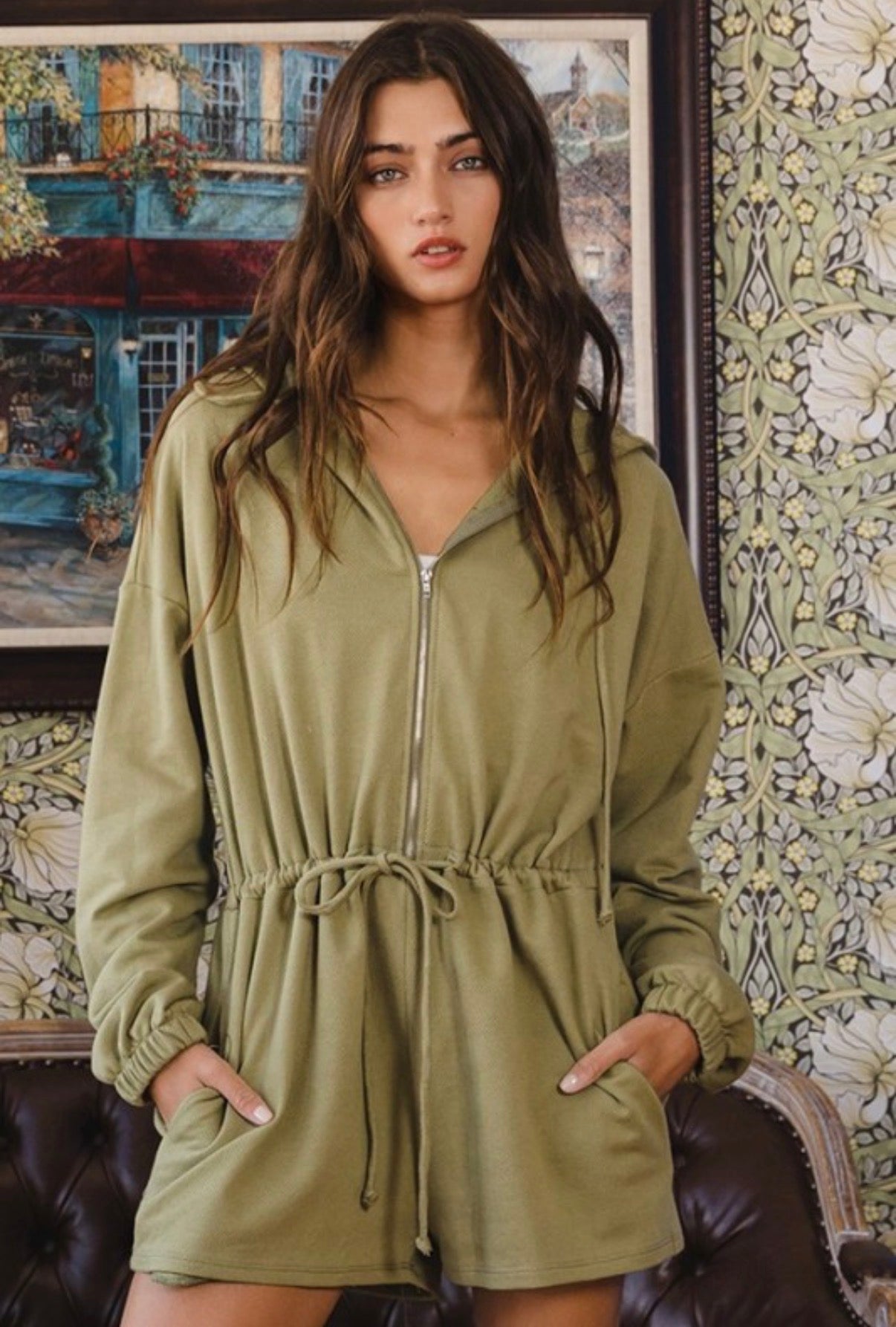 Olive green Drawstring Hooded Romper