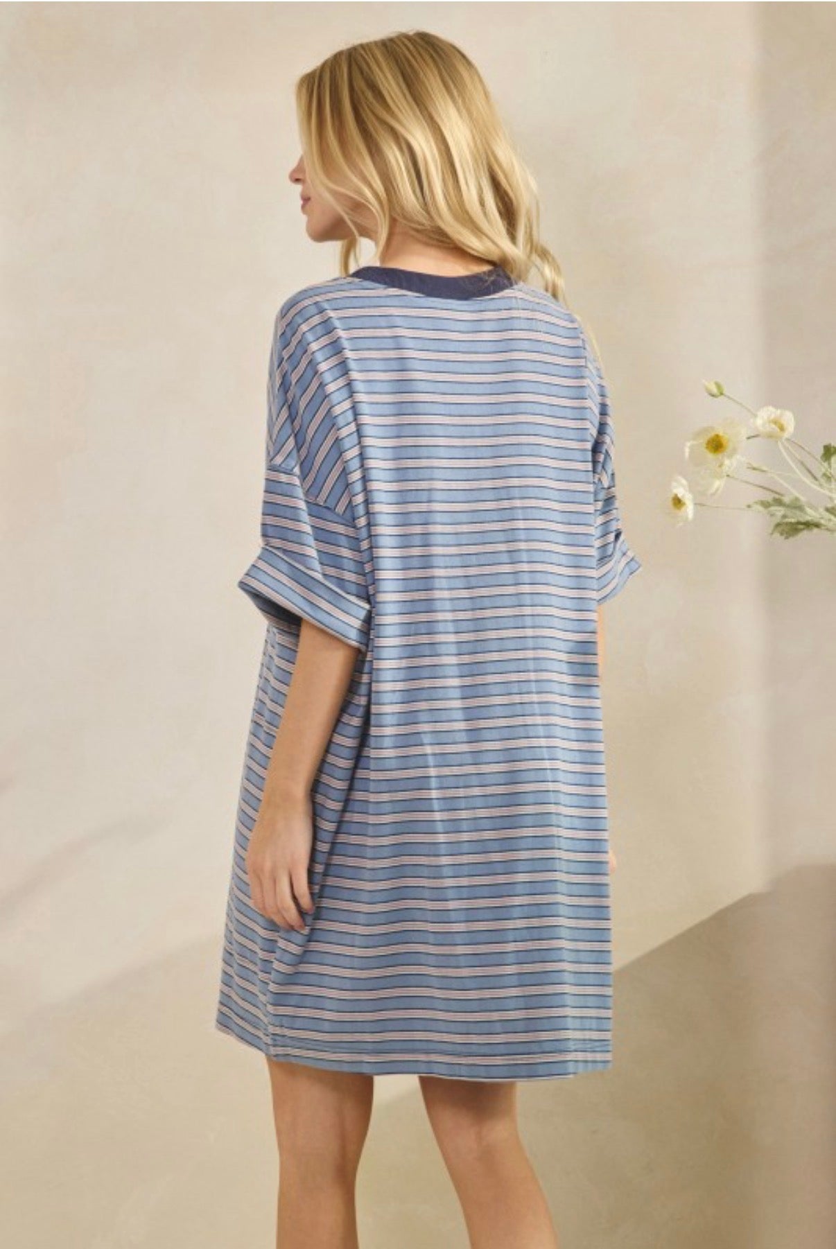 Blue + Tan Striped T-Shirt Dress