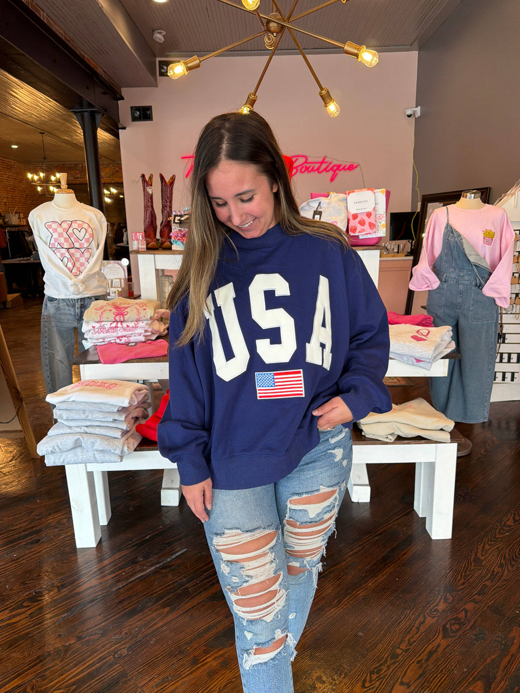 Navy USA Embroidered Mockneck - Ships Mid JUNE