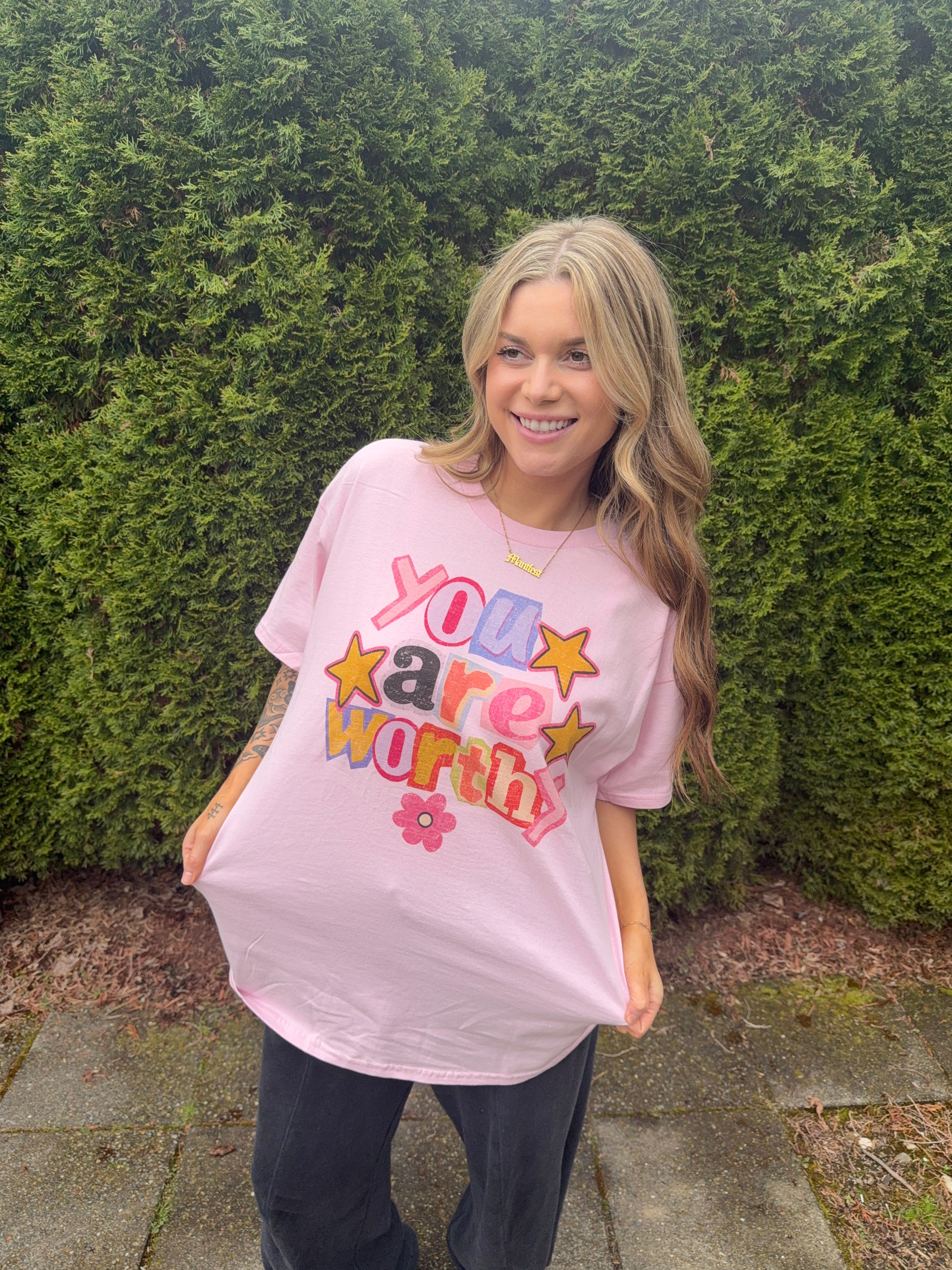 ‘You are Worthy” Pink Oversized Tee