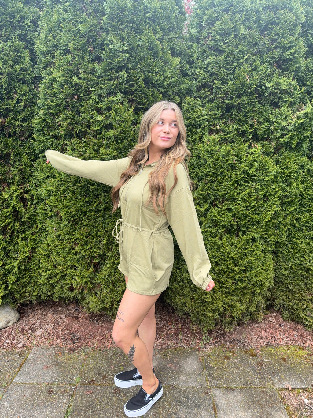 Olive green Drawstring Hooded Romper