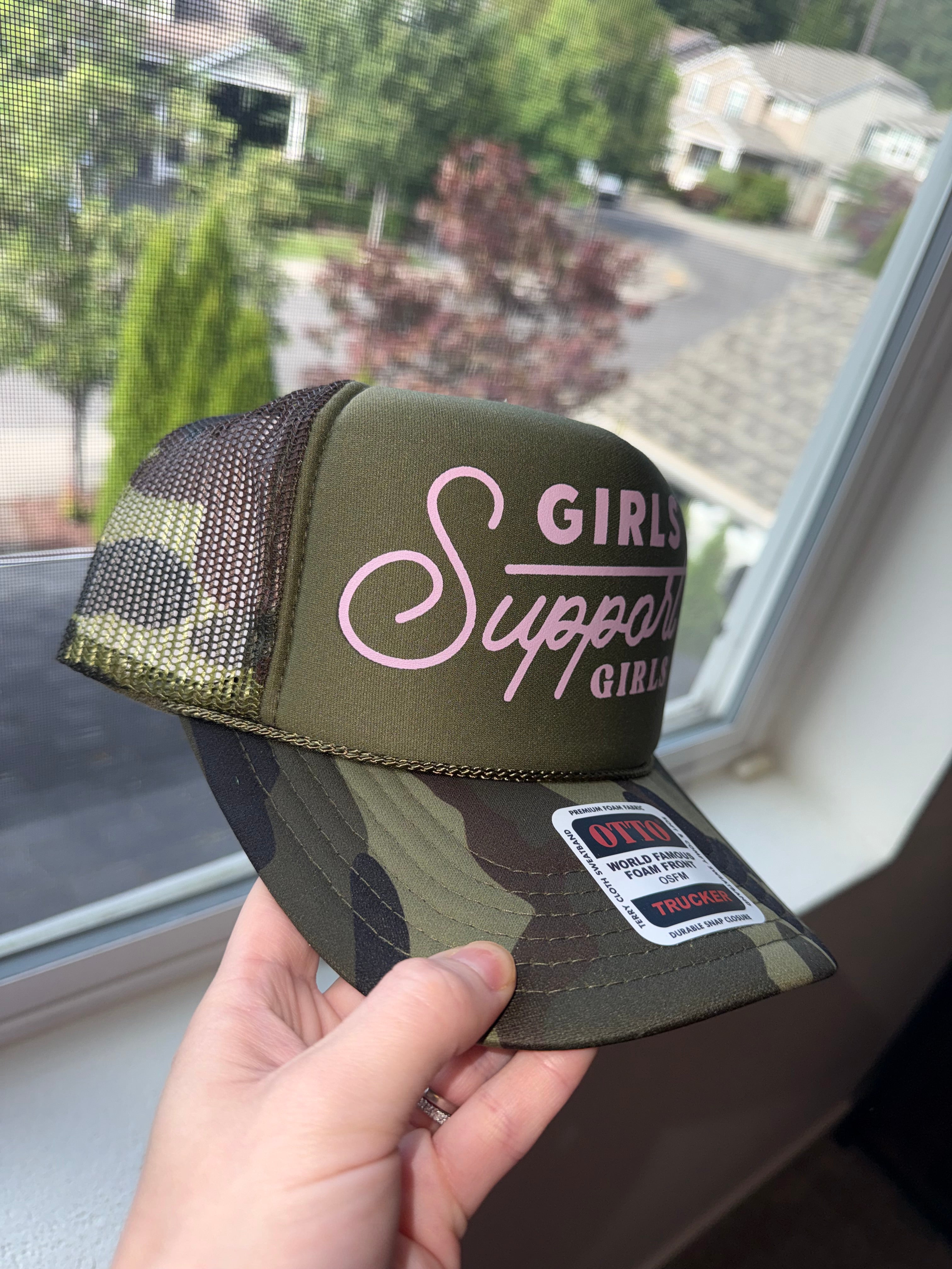Girls Support Girls Trendy Trucker Hat For Women And Moms: Light Pink / Camo/ Green Front