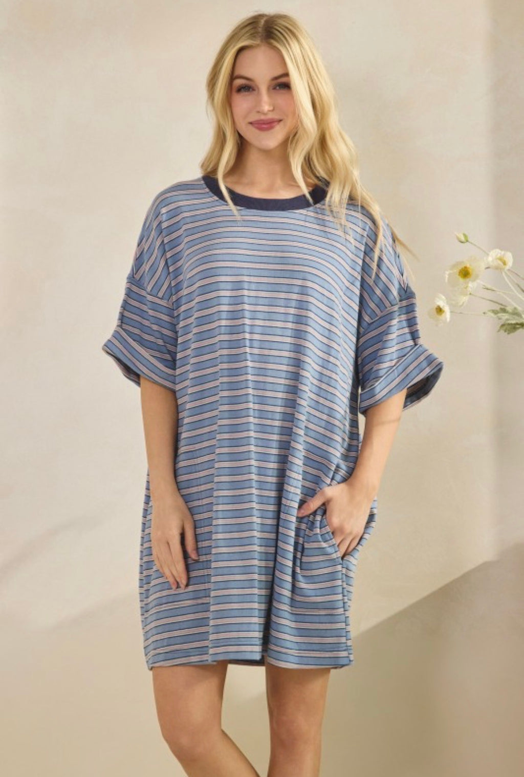 Blue + Tan Striped T-Shirt Dress