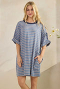 Blue + Tan Striped T-Shirt Dress