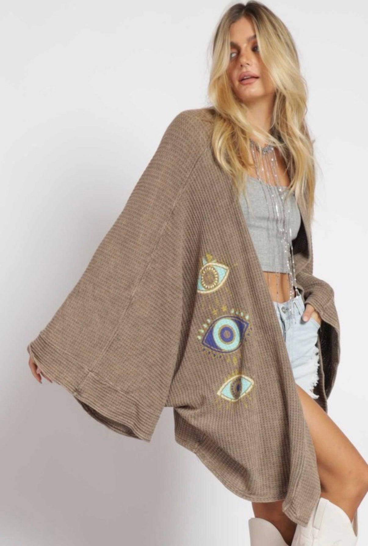 ‘EVIL EYE’ Kimono Cardigan in Mocha