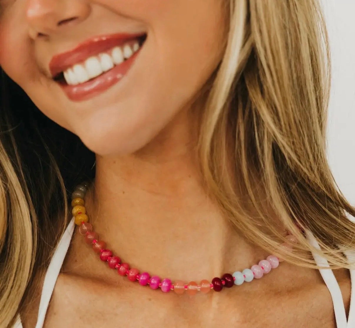 Ombre Semi-Precious Beaded Necklace - WATERPROOF: Pink