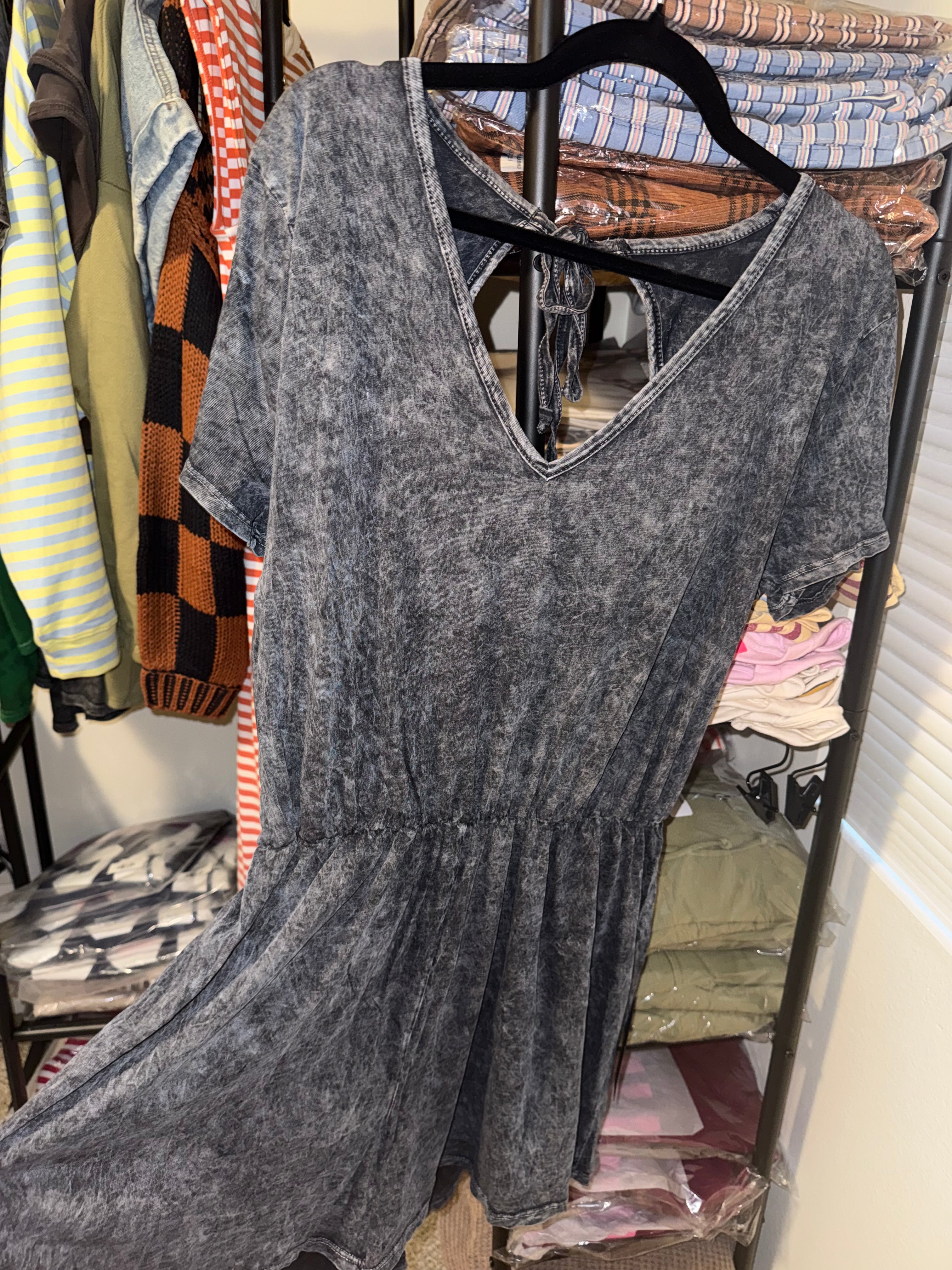 Acid Wash Grey/Black Tie-Back Romper