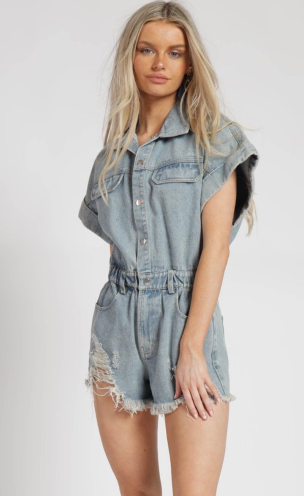 Distressed Denim Button-Up Romper