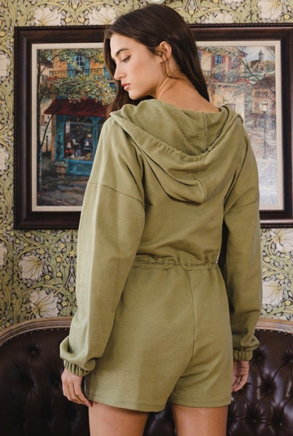 Olive green Drawstring Hooded Romper