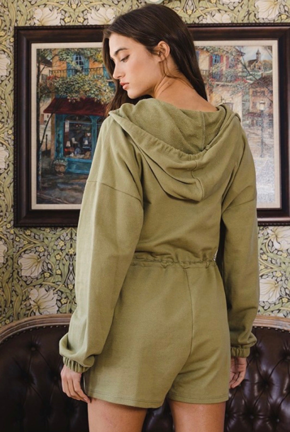 Olive green Drawstring Hooded Romper
