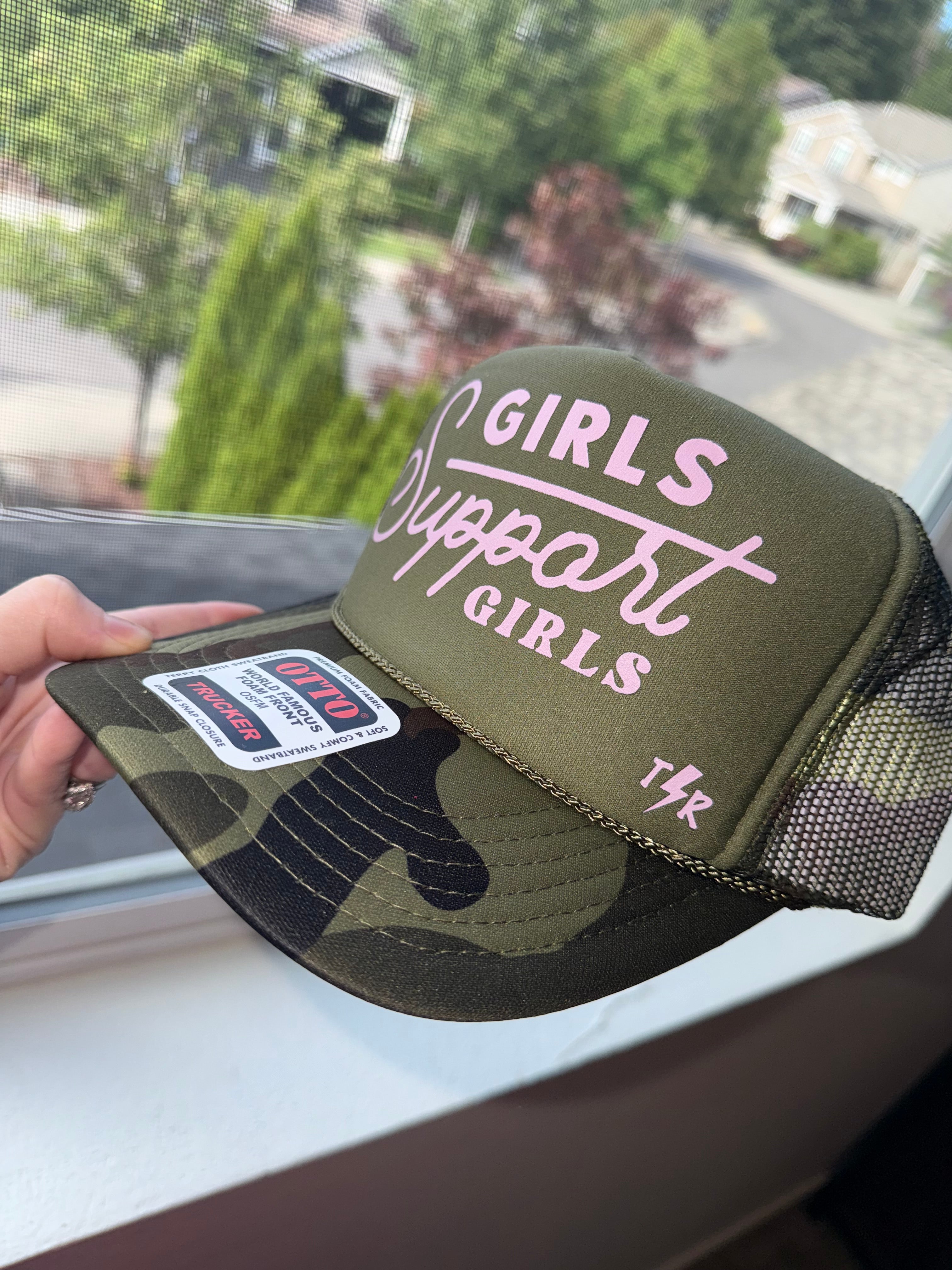 Girls Support Girls Trendy Trucker Hat For Women And Moms: Light Pink / Camo/ Green Front