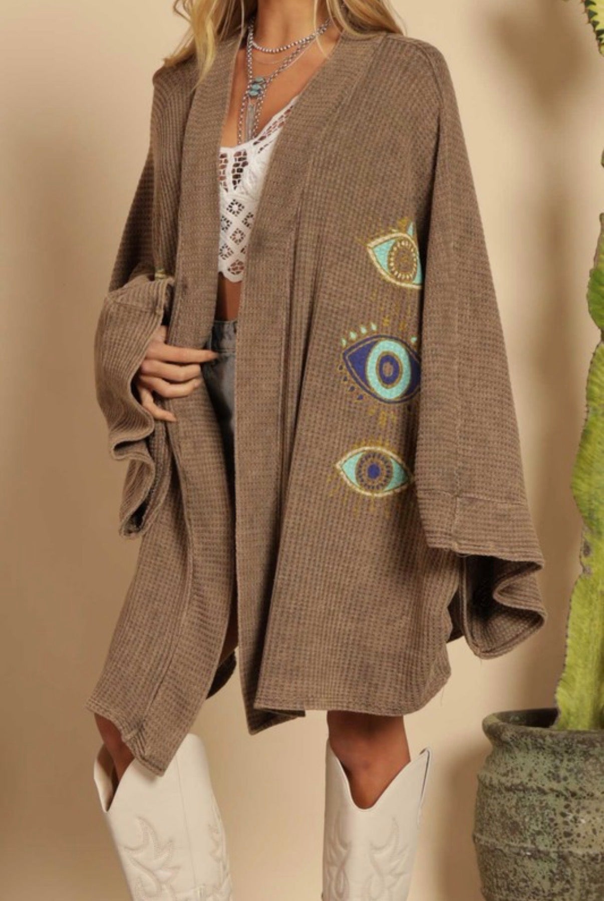 ‘EVIL EYE’ Kimono Cardigan in Mocha