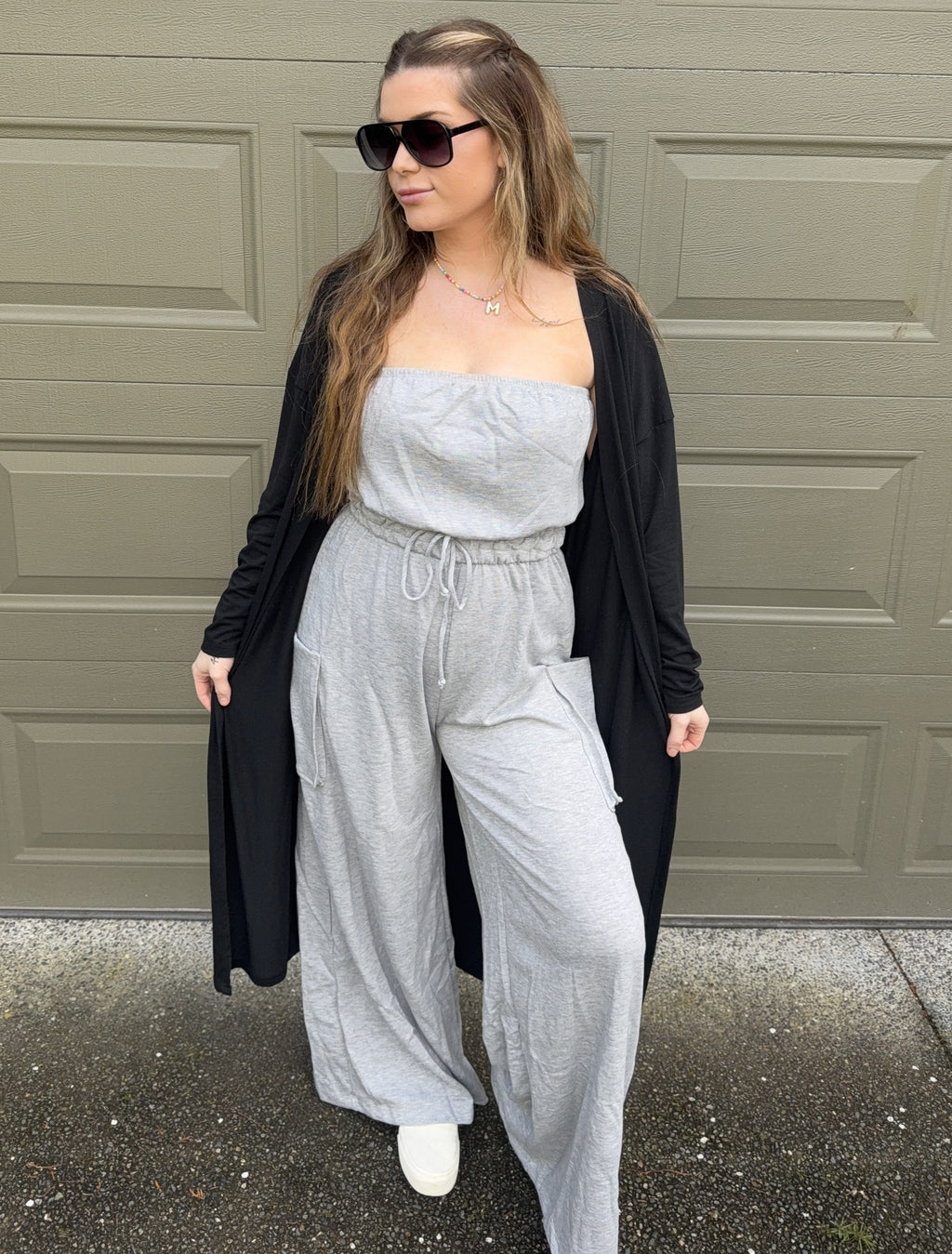 Drawstring Waist Strapless Jumpsuit - Heather Grey