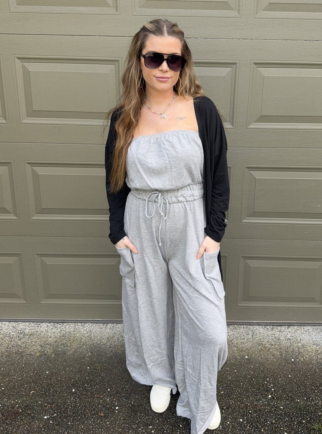 Drawstring Waist Strapless Jumpsuit - Heather Grey