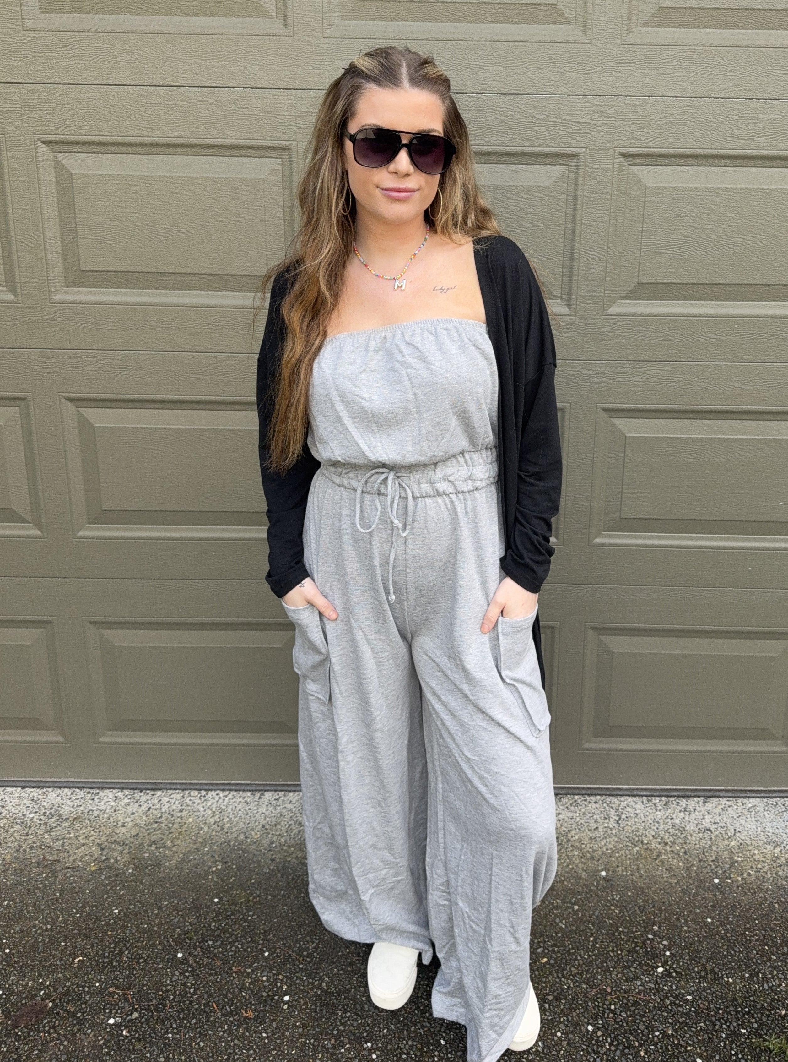 Drawstring Waist Strapless Jumpsuit - Heather Grey