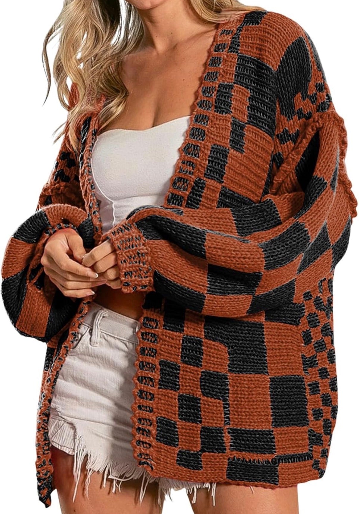 Black + Brown Checkered Cardigan