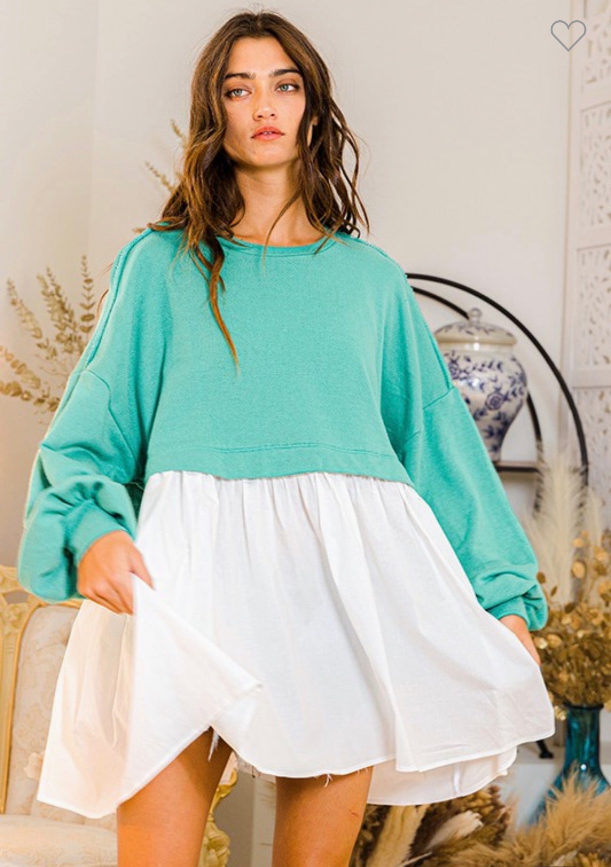 Color-block Oversize Mini Dress (White & Teal)