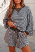 Striped Print Long Sleeve Top Loose Shorts Set| S-XL: Brown & Teal