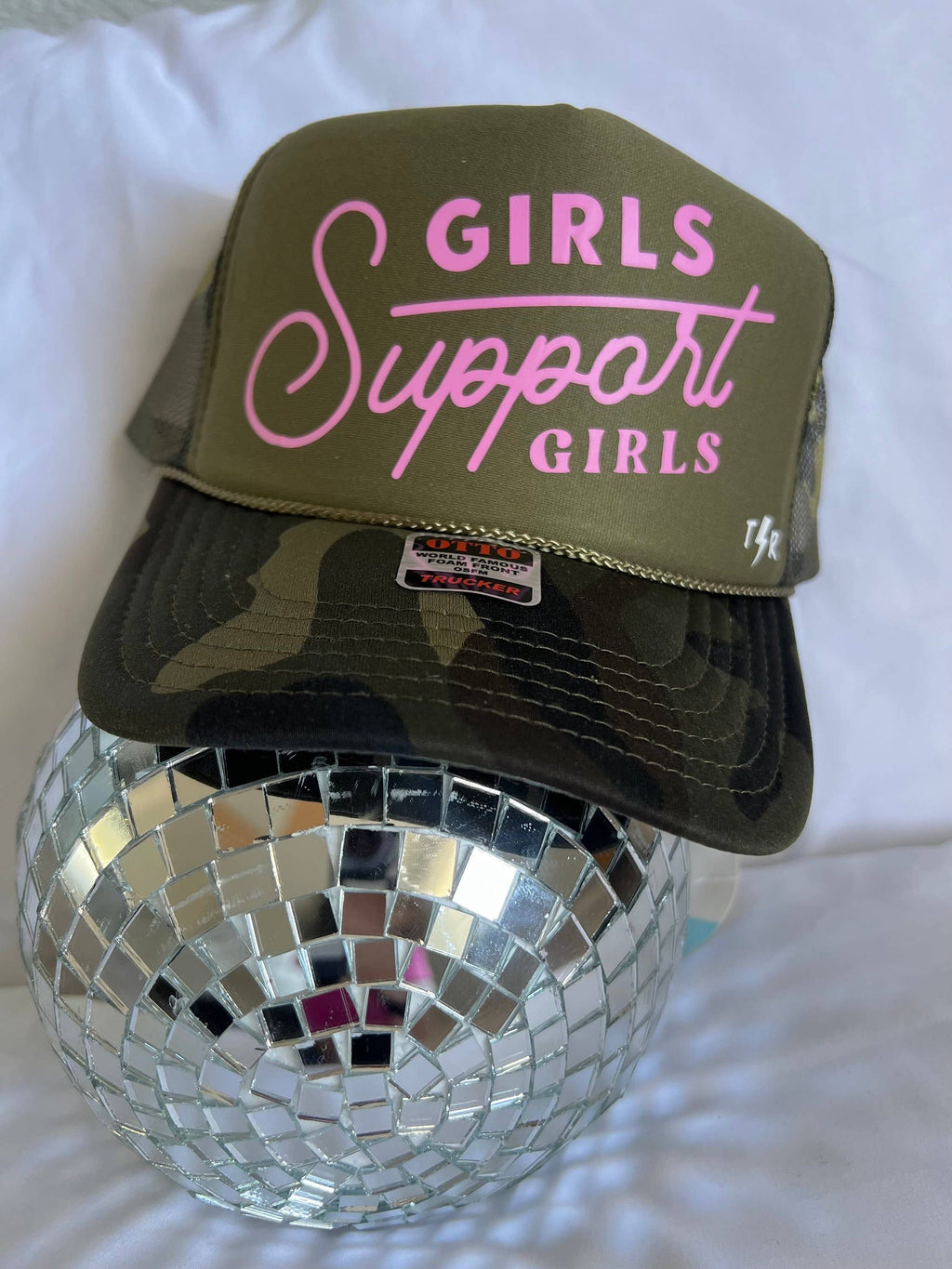Girls Support Girls Trendy Trucker Hat For Women And Moms: Light Pink / Camo/ Green Front